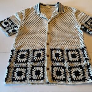 Morse code size S Granny Square Crochet Button-Up Shirt with Geometric Pattern